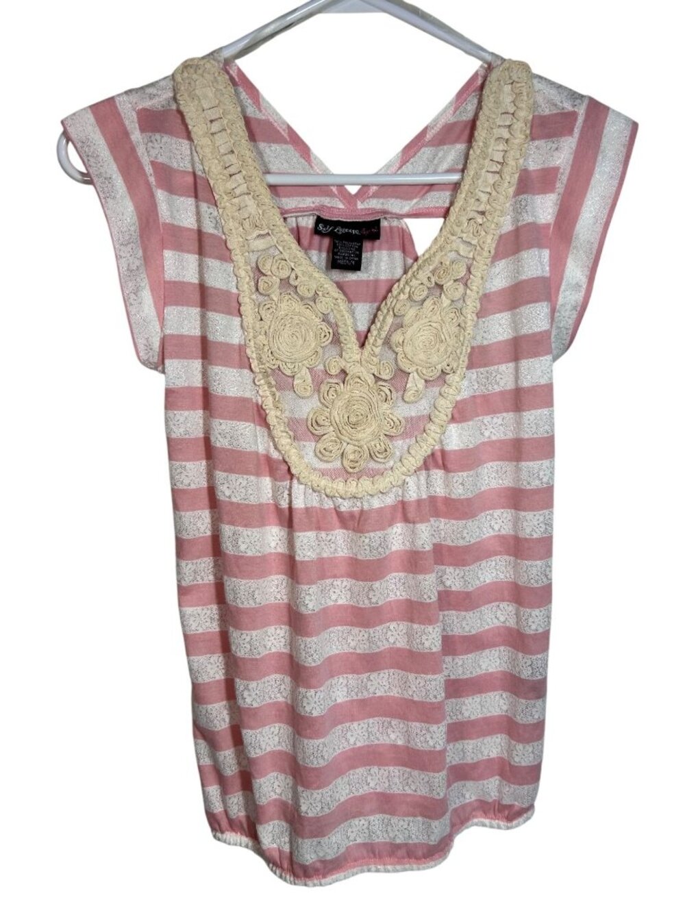 Self Esteem Pink & White Striped Top Lace Embellished V-Neck Open Back Size M